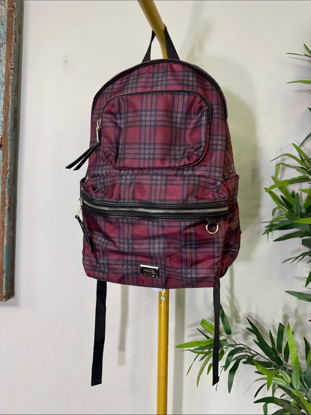 Madden NYC Burgundy Plaid Backpack with Front Zip Pocket shiny silver hardware